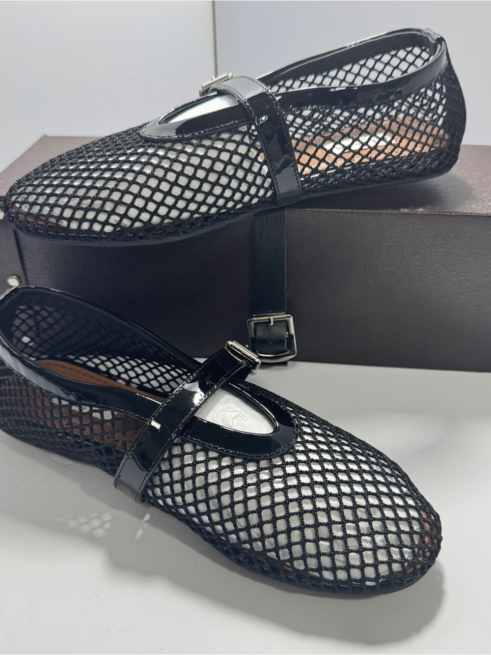 Alaïa Black Mesh Mary Jane Flats with Patent Strap